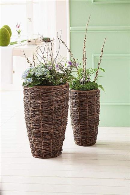 Preview: 2 Übertöpfe aus Kokoszweigen, 45 + 55 cm hoch, Blumentopf, Pflanztopf, Pflanzgefäß für Drinnen & Draussen, Balkon und Gartendeko