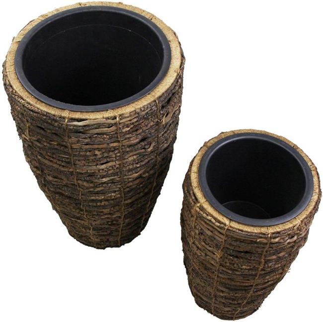 Preview: 2 Übertöpfe aus Kokoszweigen, 45 + 55 cm hoch, Blumentopf, Pflanztopf, Pflanzgefäß für Drinnen & Draussen, Balkon und Gartendeko