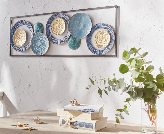 Metall Wandbild "Kreise" blau / gold im Shabby Look, Wandschmuck