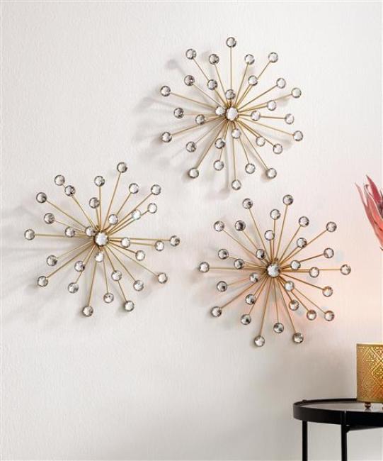 Preview: 3x 3D Wanddeko "Kristall-Blüte" aus Metall & Glassteinen, gold, Wandschmuck, Wandbild