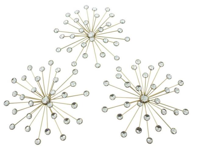 Preview: 3x 3D Wanddeko "Kristall-Blüte" aus Metall & Glassteinen, gold, Wandschmuck, Wandbild