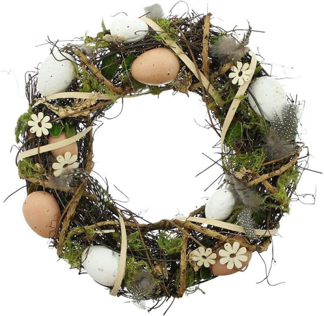 Preview: Osterkranz Ø 30 cm, Reisig mit Moos, Holzblumen & Eier, Wandkranz Tischkranz Dekokranz