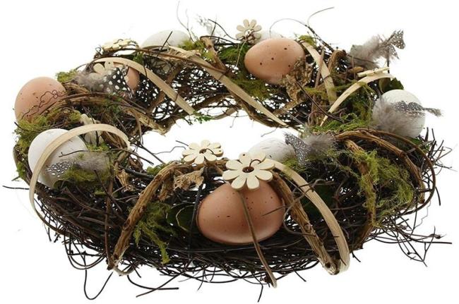 Preview: Osterkranz Ø 30 cm, Reisig mit Moos, Holzblumen & Eier, Wandkranz Tischkranz Dekokranz