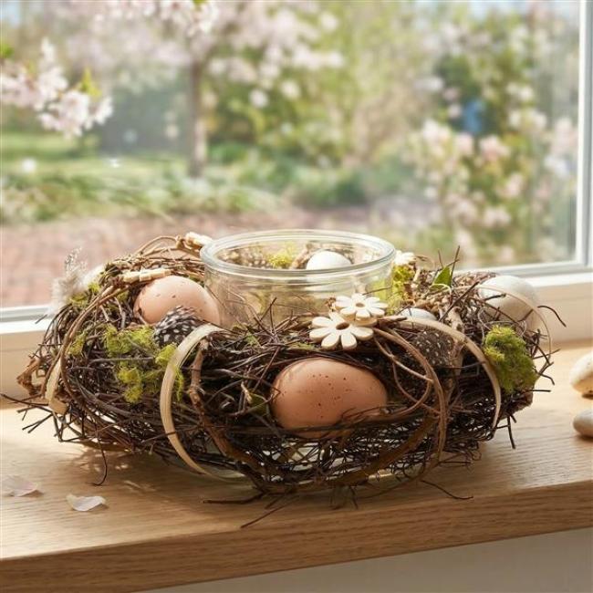Preview: Windlichtkranz "Ostern" aus Reisg mit Moos, Holzblumen & Eier, Osterkranz, Tischkranz