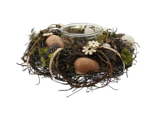 Windlichtkranz "Ostern" aus Reisg mit Moos, Holzblumen & Eier, Osterkranz, Tischkranz