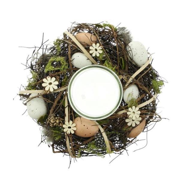 Windlichtkranz "Ostern" aus Reisg mit Moos, Holzblumen & Eier, Osterkranz, Tischkranz