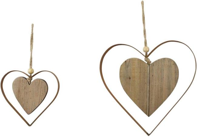 Preview: 2x Dekohänger "Herz" aus Metall in Rost Optik & Treibholz, Fensterschmuck, Hängedeko, Hochzeitsdeko, Wanddeko