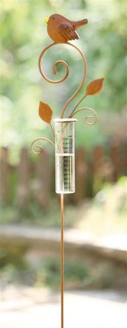 Preview: Gartenstecker "Vögelchen" aus Metall im Rost-Design, 108 cm hoch, mit Glas Regenmesser, Niederschlagsmessung, Dekostecker, Gartendeko für Draußen