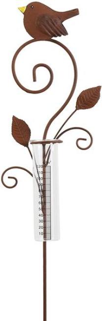 Preview: Gartenstecker "Vögelchen" aus Metall im Rost-Design, 108 cm hoch, mit Glas Regenmesser, Niederschlagsmessung, Dekostecker, Gartendeko für Draußen