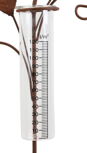Gartenstecker "Vögelchen" aus Metall im Rost-Design, 108 cm hoch, mit Glas Regenmesser, Niederschlagsmessung, Dekostecker, Gartendeko für Draußen