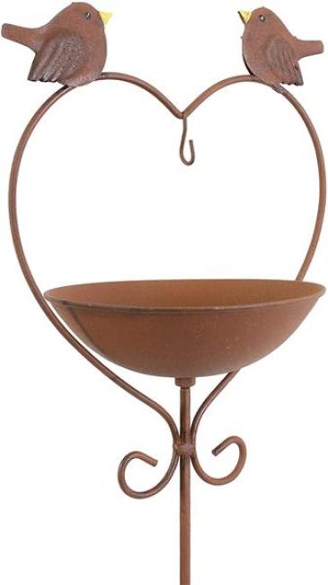 Preview: Vogeltränke "Herz" aus Metall in Rost Optik, 115 cm hoch, Gartenstecker, Dekostecker, Gartendeko für Draußen