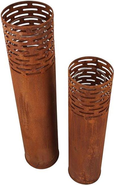 Preview: 2x Windlichtsäule "Rost-Säule" aus Metall mit Rost Finish, 75 + 95 cm hoch, Outdoor Windlicht, Kerzenständer groß, Dekosäule mit Kerzenglas, Gartendeko für Draußen