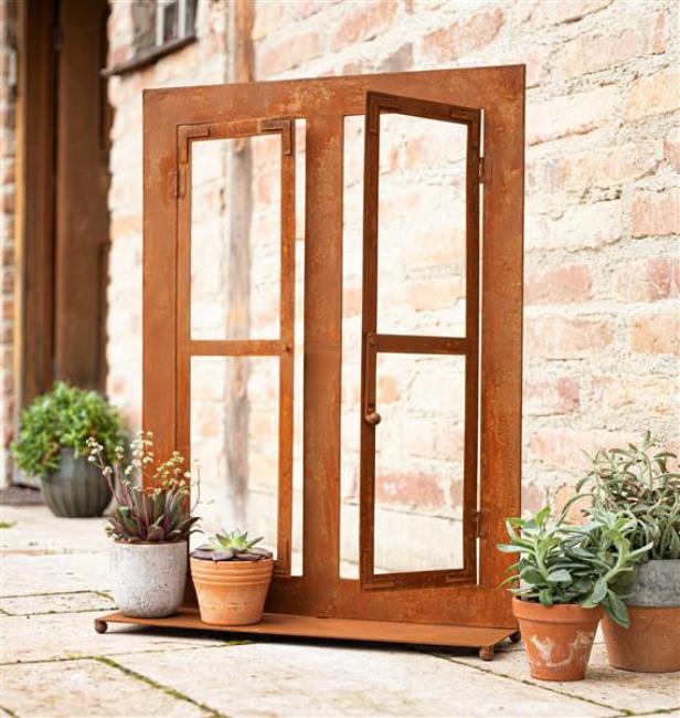 Preview: Gartendeko "Fenster" aus Metall in Rost Optik, 57x80 cm groß, Fensterrahmen, Sprossenfenster, Deko für Draußen