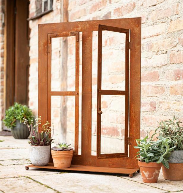 Gartendeko "Fenster" aus Metall in Rost Optik, 57x80 cm groß, Fensterrahmen, Sprossenfenster, Deko für Draußen
