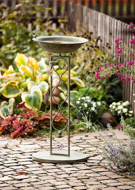 Vogeltränke "Flora" aus Metall mit Ständer, Antik Look, Vogelbad winterfest & frostsicher, Futterstelle, Wasserschale stehend, Balkon & Gartendeko für Draußen,