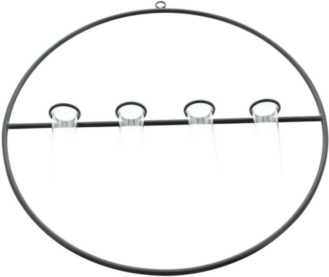Preview: Wanddeko "Väschen" aus Metall, schwarz, Ø 40 cm mit 4 Glasröhrchen, Wandvase, Wandschmuck mit Glasvasen, Vasenset