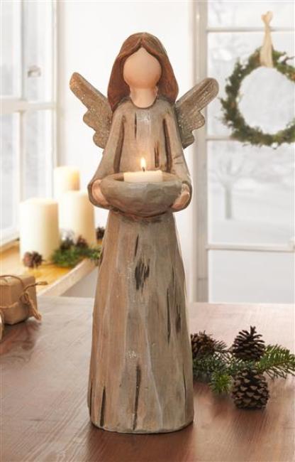 Preview: Terracotta Teelichthalter "Engel mit Schale" Weihnachtsengel 40 cm hoch, Weihnachtsfigur in Holz Optik, Weihnachtsdeko