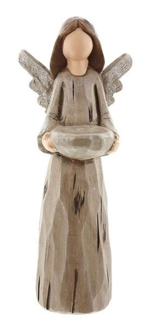Preview: Terracotta Teelichthalter "Engel mit Schale" Weihnachtsengel 40 cm hoch, Weihnachtsfigur in Holz Optik, Weihnachtsdeko