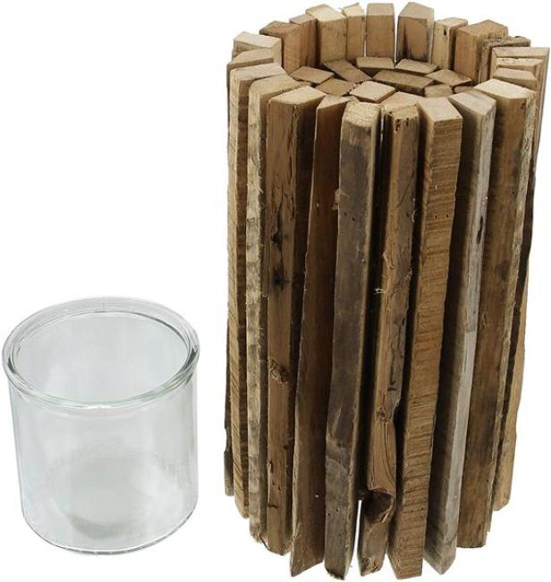 Windlichtsäule "Rustikal" aus recyceltem Holz, 41 cm hoch, Dekosäule, Holzsäule, Dekosäule mit Kerzenglas, Bodenwindlicht, Kerzensäule