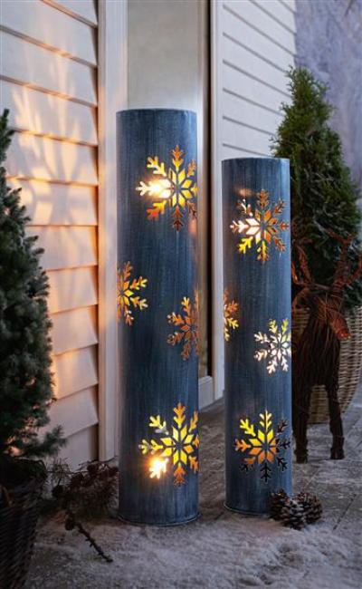 Preview: 2x Windlichtsäule "Schneeflocke" aus Metall, 88 + 100 cm  hoch, Kerzenhalter, Bodenwindlicht, Dekosäule mit Kerzenglas, Metallsäule, Kerzensäule