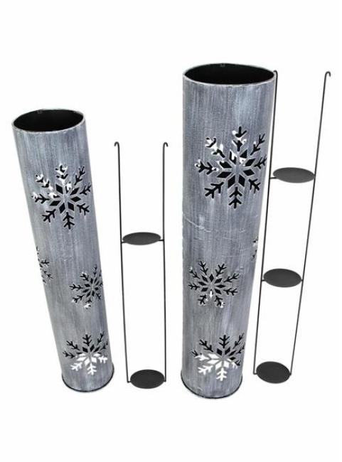 2x Windlichtsäule "Schneeflocke" aus Metall, 88 + 100 cm  hoch, Kerzenhalter, Bodenwindlicht, Dekosäule mit Kerzenglas, Metallsäule, Kerzensäule