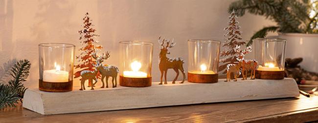 Lichterboard "Winterlandschaft" aus Holz für 4 Kerzen, Teelichthalter, Adventskranz, Teelichtgläser, Adventsdeko