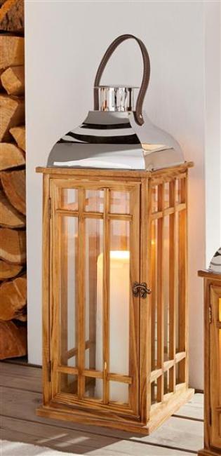 Preview: Laterne 'Wood', 60 cm groß, Windlicht aus Holz mit Glas, Henkel und Metalldach