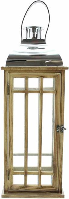 Preview: Laterne "Wood" aus Holz & Glas, 60 cm hoch, Holzlaterne mit Henkel & Metalldach, Windicht, Bodenlaterne, Kerzenlaterne
