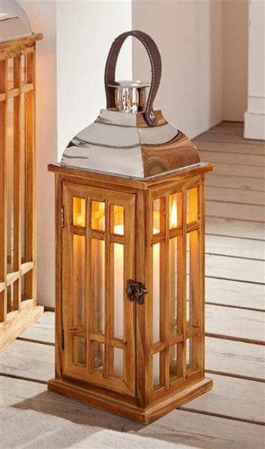 Preview: Laterne 'Wood', 40 cm hoch, Windlicht aus Holz mit Glas, Henkel und Metalldach