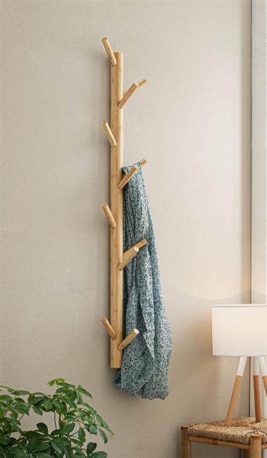 Garderobe "Bambus" mit 11 Haken, braun, 100 cm hoch, aus Holz im Scandi-Style