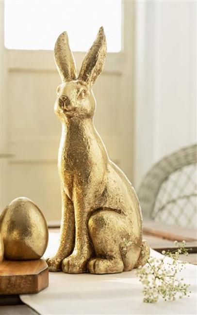 Preview: Hase "Gold" aus Fiberglas, 42 cm hoch, Osterhase sitzend, Vintage Osterdeko