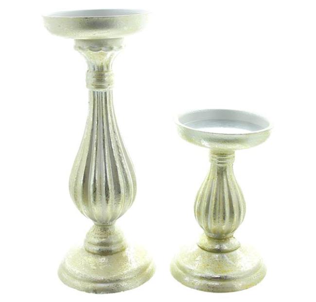 Preview: 2x Kerzenhalter "Eleganz" aus Holz in silber mit Antik Design in gold, Kerzenständer für Stumpenkerzen