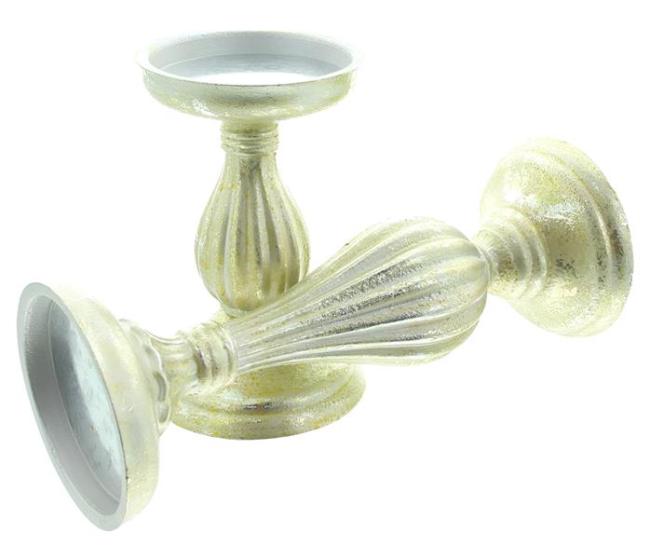 Preview: 2x Kerzenhalter "Eleganz" aus Holz in silber mit Antik Design in gold, Kerzenständer für Stumpenkerzen