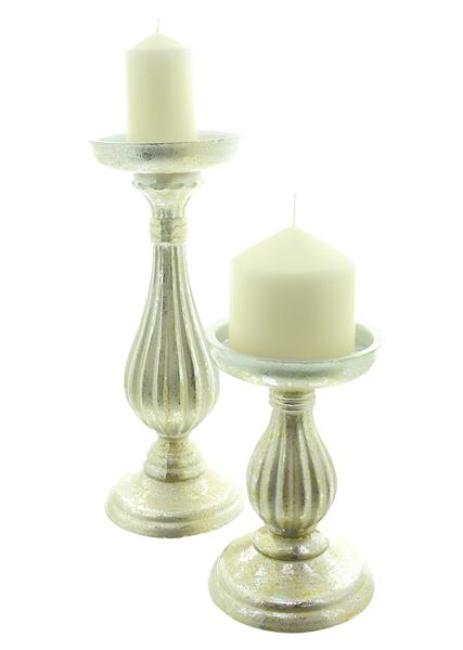 2x Kerzenhalter "Eleganz" aus Holz in silber mit Antik Design in gold, Kerzenständer für Stumpenkerzen