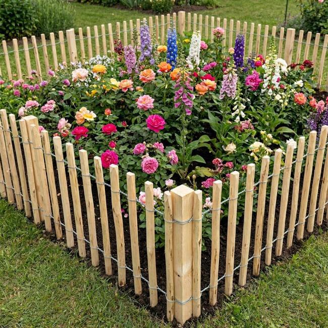 Beeteinfassung "Haselnuss" aus Holz mit Metall, 5 m lang, Rasenkante, Beetzaun, Beeteinfassung, Beetumrandung, Zierzaun, Staketenzaun