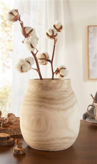 Preview: Dekovase "Wood", bauchig, aus naturbelassenem Paulownia Holz, 24 cm hoch, Vase für Trockenblumen, Holzvase, Tischvase