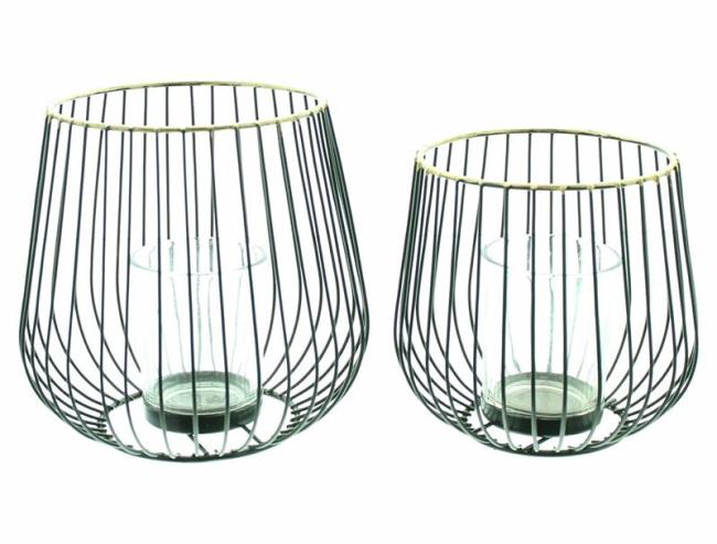 Preview: 2x Windlicht "Modern" aus Metall schwarz, 11 & 13 cm hoch, Teelichthalter, Teelichtgläser, Glaswindlicht