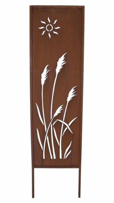 Dekoschild mit "Schilf"-Ausstanzungen, 117 cm hoch aus Metall in Rost Optik, Gartenpaneel, Gartenstecker, Gartendeko für Draußen