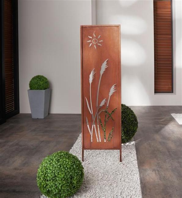 Dekoschild mit "Schilf"-Ausstanzungen, 117 cm hoch aus Metall in Rost Optik, Gartenpaneel, Gartenstecker, Gartendeko für Draußen