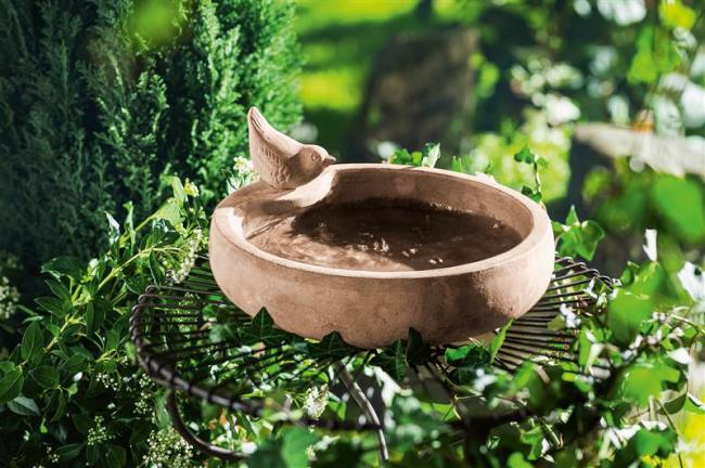 Vogeltränke aus Terracotta im Antik-Look, Ø 32 cm, mit Zier-Vogel, Futterstelle, Wassertränke, Wasserschale, Gartendeko für Draußen