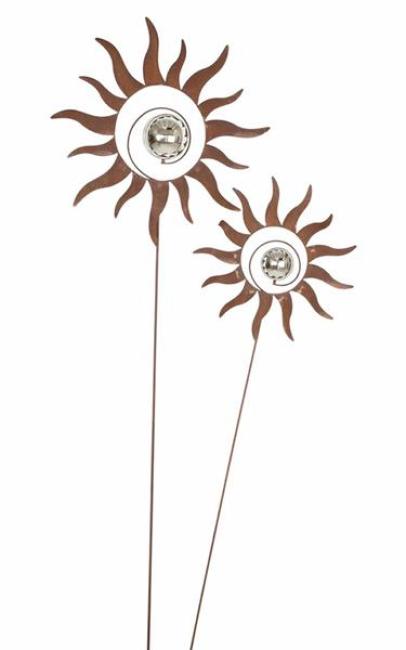 Preview: 2x Gartenstecker "Kugelsonne" aus Metall in Rost Optik, 103 & 127 cm hoch, Dekostecker, Gartendeko für Draußen