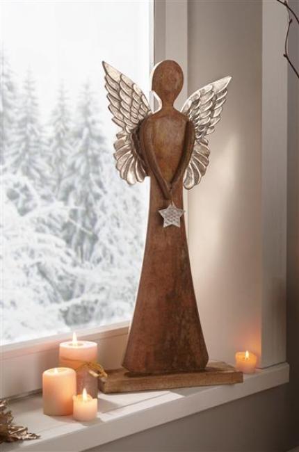 Preview: Engel "Silver Star" aus Mango Holz & Metall, 62 cm hoch, Dekofigur, Weihnachtsdeko