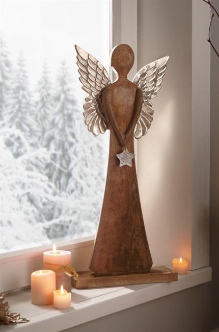 Engel "Silver Star" aus Mango Holz & Metall, 62 cm hoch, Dekofigur, Weihnachtsdeko