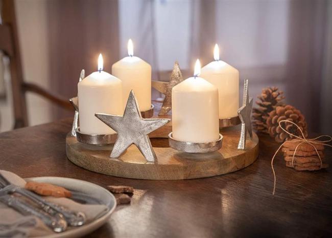 Preview: Adventskranz "Silbersterne" aus Mangoholz & Alu, Tischkranz mit 4 Kerzenhaltern