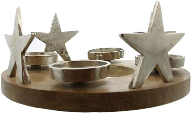 Preview: Adventskranz "Silbersterne" aus Mangoholz & Alu, Tischkranz mit 4 Kerzenhaltern