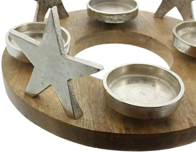 Adventskranz "Silbersterne" aus Mangoholz & Alu, Tischkranz mit 4 Kerzenhaltern