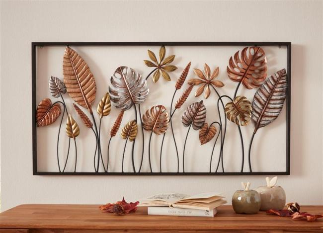 Preview: 3D Wandbild "Blätter" aus Metall, 90x45 cm, Metallbild, Wanddeko, Wandschmuck