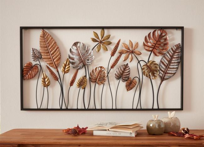 3D Wandbild "Blätter" aus Metall, 90x45 cm, Metallbild, Wanddeko, Wandschmuck