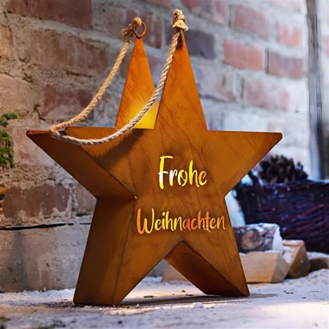 Preview: Outdoor Kerzenhalter "Stern" mit Schriftzug "Frohe Weihnachten" aus Metall mit Rost Finish, 45 cm hoch, Kerzenständer, Weihnachtsdeko, Gartendeko