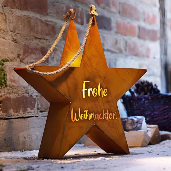 Outdoor Kerzenhalter "Stern" mit Schriftzug "Frohe Weihnachten" aus Metall mit Rost Finish, 45 cm hoch, Kerzenständer, Weihnachtsdeko, Gartendeko
